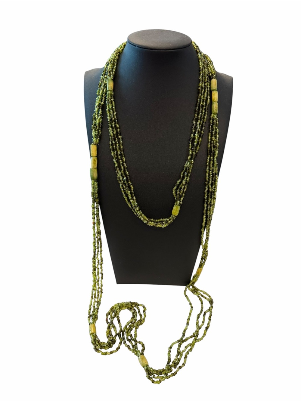 VTG Necklace 32” Opera Length Multi-Strand Green Wood + Glass Seed Beads Elegant